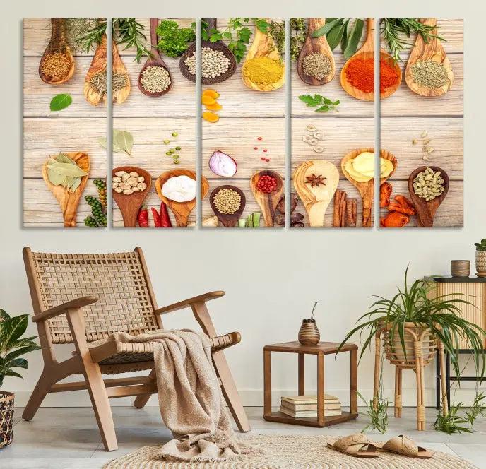 The Kitchen Spice on the Table Wall Art Canvas Print features a triptych of wooden spoons with an array of spices and herbs, artfully presented on a wooden background. Printed on museum-quality canvas, it guarantees lasting elegance and durability.