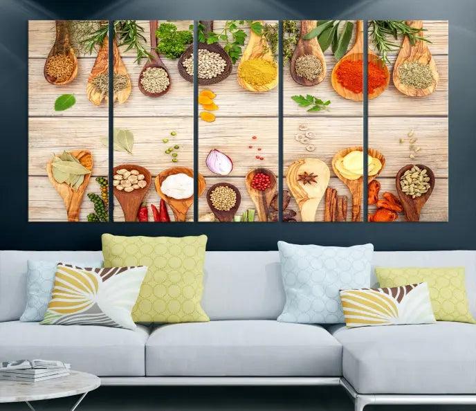 The Kitchen Spice on the Table Wall Art Canvas Print features a triptych of wooden spoons with an array of spices and herbs, artfully presented on a wooden background. Printed on museum-quality canvas, it guarantees lasting elegance and durability.