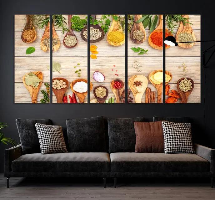 The Kitchen Spice on the Table Wall Art Canvas Print features a triptych of wooden spoons with an array of spices and herbs, artfully presented on a wooden background. Printed on museum-quality canvas, it guarantees lasting elegance and durability.