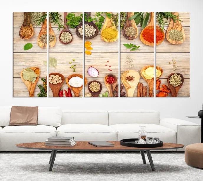 The Kitchen Spice on the Table Wall Art Canvas Print features a triptych of wooden spoons with an array of spices and herbs, artfully presented on a wooden background. Printed on museum-quality canvas, it guarantees lasting elegance and durability.