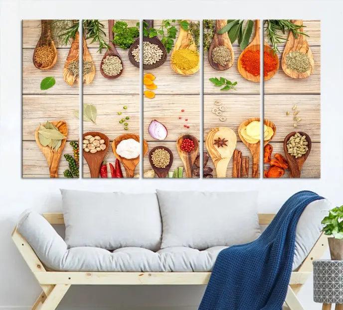 The Kitchen Spice on the Table Wall Art Canvas Print features a triptych of wooden spoons with an array of spices and herbs, artfully presented on a wooden background. Printed on museum-quality canvas, it guarantees lasting elegance and durability.