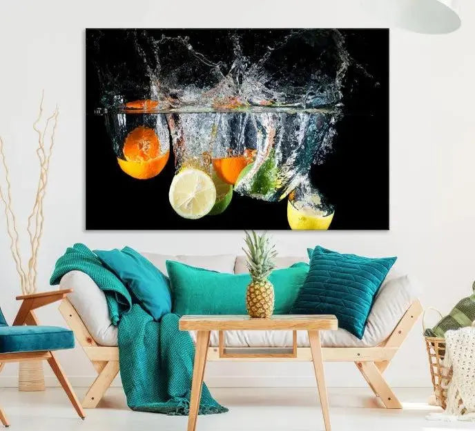 The room features the Kitchen Wall Art Fruits Art Canvas Print on the wall. This three-panel artwork is crafted on museum-quality canvas with vivid colors preserved by a UV-protective coating, ensuring lasting vibrancy.