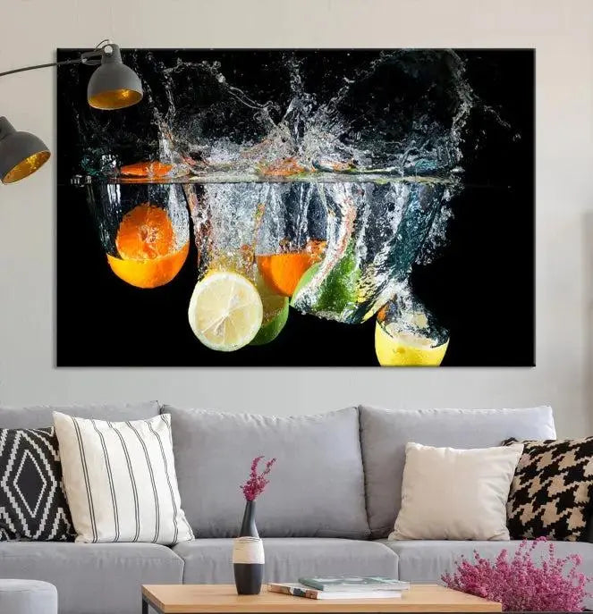 The room features the Kitchen Wall Art Fruits Art Canvas Print on the wall. This three-panel artwork is crafted on museum-quality canvas with vivid colors preserved by a UV-protective coating, ensuring lasting vibrancy.