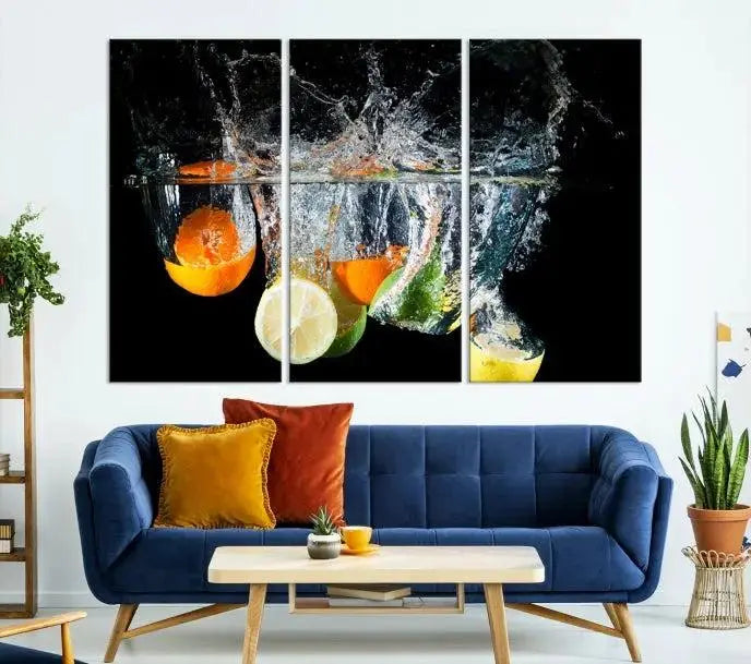 The room features the Kitchen Wall Art Fruits Art Canvas Print on the wall. This three-panel artwork is crafted on museum-quality canvas with vivid colors preserved by a UV-protective coating, ensuring lasting vibrancy.