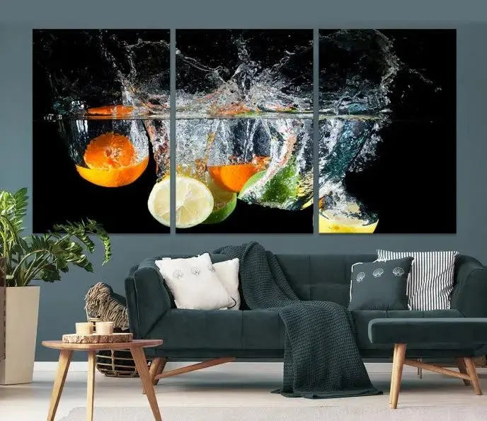 The room features the Kitchen Wall Art Fruits Art Canvas Print on the wall. This three-panel artwork is crafted on museum-quality canvas with vivid colors preserved by a UV-protective coating, ensuring lasting vibrancy.