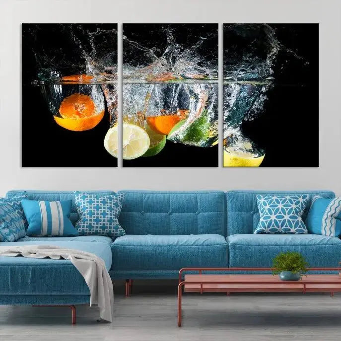 The room features the Kitchen Wall Art Fruits Art Canvas Print on the wall. This three-panel artwork is crafted on museum-quality canvas with vivid colors preserved by a UV-protective coating, ensuring lasting vibrancy.