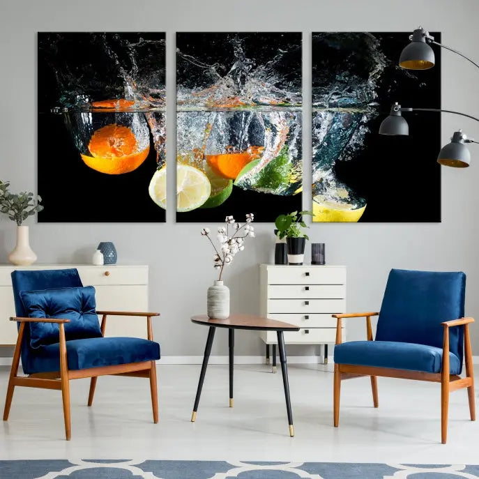 The room features the Kitchen Wall Art Fruits Art Canvas Print on the wall. This three-panel artwork is crafted on museum-quality canvas with vivid colors preserved by a UV-protective coating, ensuring lasting vibrancy.