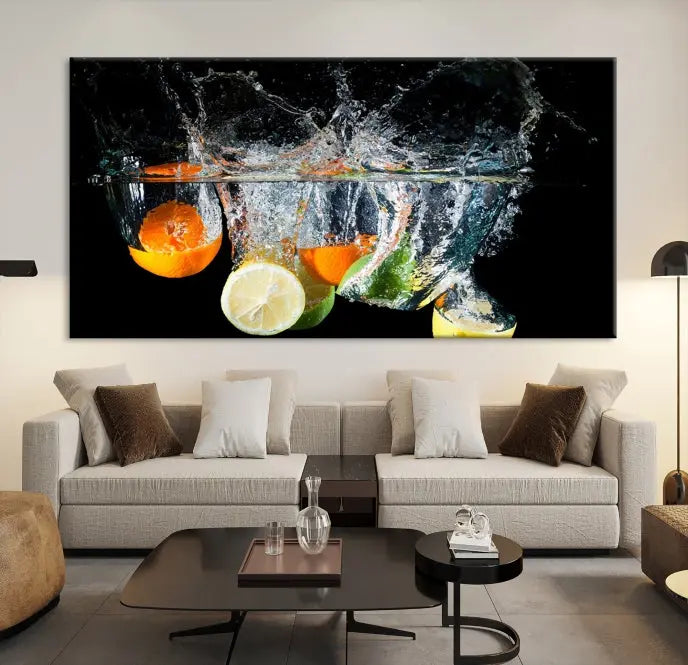 The room features the Kitchen Wall Art Fruits Art Canvas Print on the wall. This three-panel artwork is crafted on museum-quality canvas with vivid colors preserved by a UV-protective coating, ensuring lasting vibrancy.