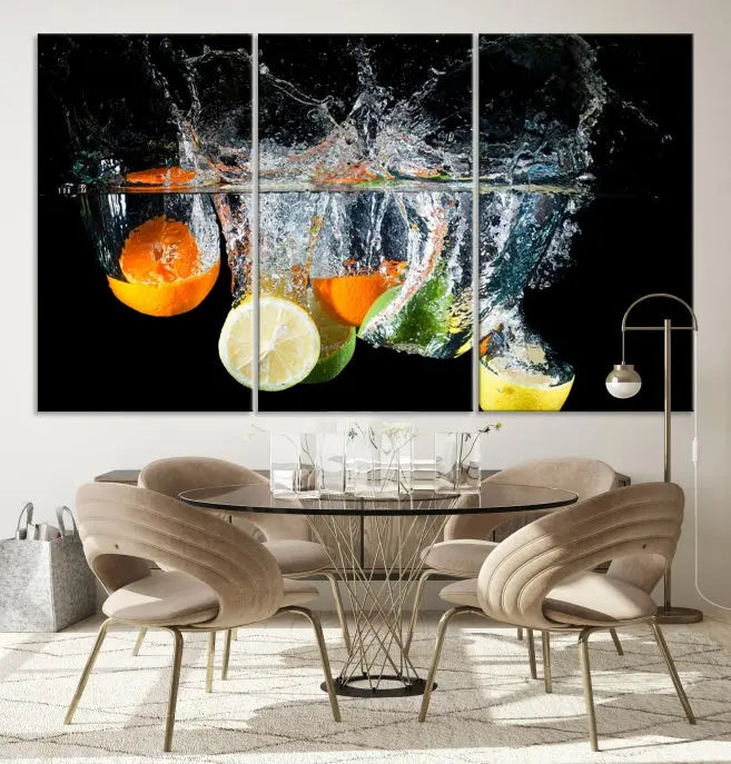 The room features the Kitchen Wall Art Fruits Art Canvas Print on the wall. This three-panel artwork is crafted on museum-quality canvas with vivid colors preserved by a UV-protective coating, ensuring lasting vibrancy.