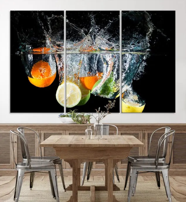 The room features the Kitchen Wall Art Fruits Art Canvas Print on the wall. This three-panel artwork is crafted on museum-quality canvas with vivid colors preserved by a UV-protective coating, ensuring lasting vibrancy.