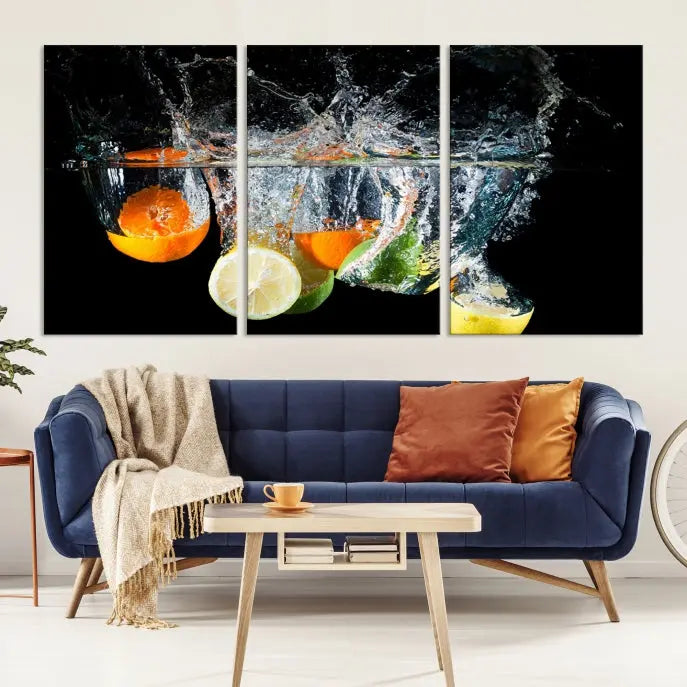 The room features the Kitchen Wall Art Fruits Art Canvas Print on the wall. This three-panel artwork is crafted on museum-quality canvas with vivid colors preserved by a UV-protective coating, ensuring lasting vibrancy.