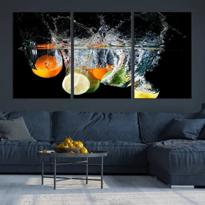 The room features the Kitchen Wall Art Fruits Art Canvas Print on the wall. This three-panel artwork is crafted on museum-quality canvas with vivid colors preserved by a UV-protective coating, ensuring lasting vibrancy.