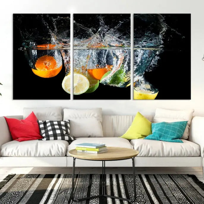 The room features the Kitchen Wall Art Fruits Art Canvas Print on the wall. This three-panel artwork is crafted on museum-quality canvas with vivid colors preserved by a UV-protective coating, ensuring lasting vibrancy.