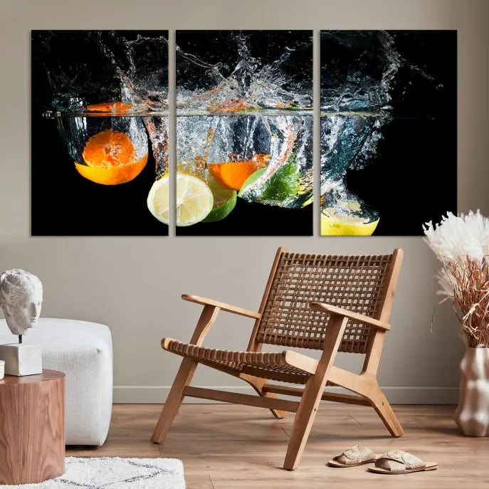 The room features the Kitchen Wall Art Fruits Art Canvas Print on the wall. This three-panel artwork is crafted on museum-quality canvas with vivid colors preserved by a UV-protective coating, ensuring lasting vibrancy.