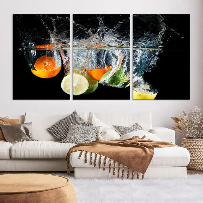 The room features the Kitchen Wall Art Fruits Art Canvas Print on the wall. This three-panel artwork is crafted on museum-quality canvas with vivid colors preserved by a UV-protective coating, ensuring lasting vibrancy.