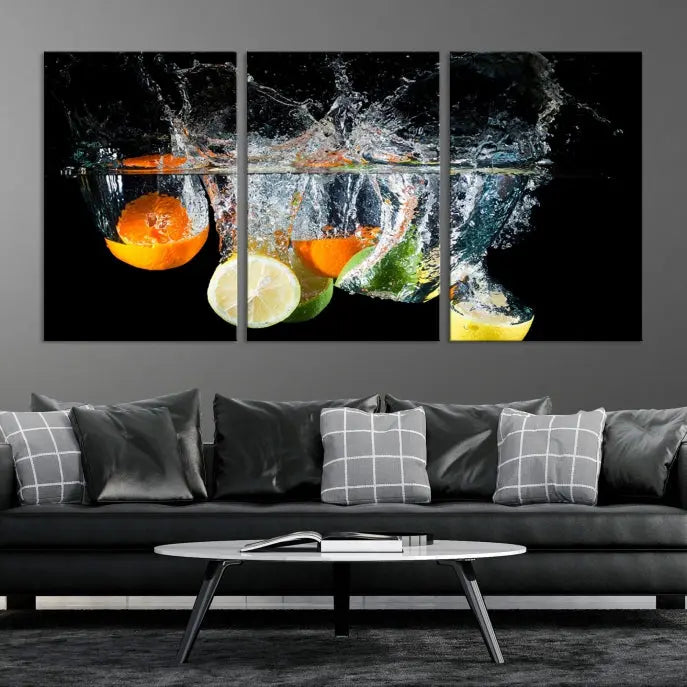 The room features the Kitchen Wall Art Fruits Art Canvas Print on the wall. This three-panel artwork is crafted on museum-quality canvas with vivid colors preserved by a UV-protective coating, ensuring lasting vibrancy.