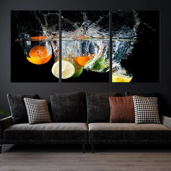 The room features the Kitchen Wall Art Fruits Art Canvas Print on the wall. This three-panel artwork is crafted on museum-quality canvas with vivid colors preserved by a UV-protective coating, ensuring lasting vibrancy.