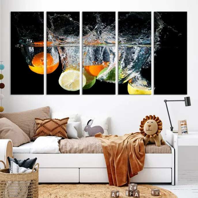 The room features the Kitchen Wall Art Fruits Art Canvas Print on the wall. This three-panel artwork is crafted on museum-quality canvas with vivid colors preserved by a UV-protective coating, ensuring lasting vibrancy.