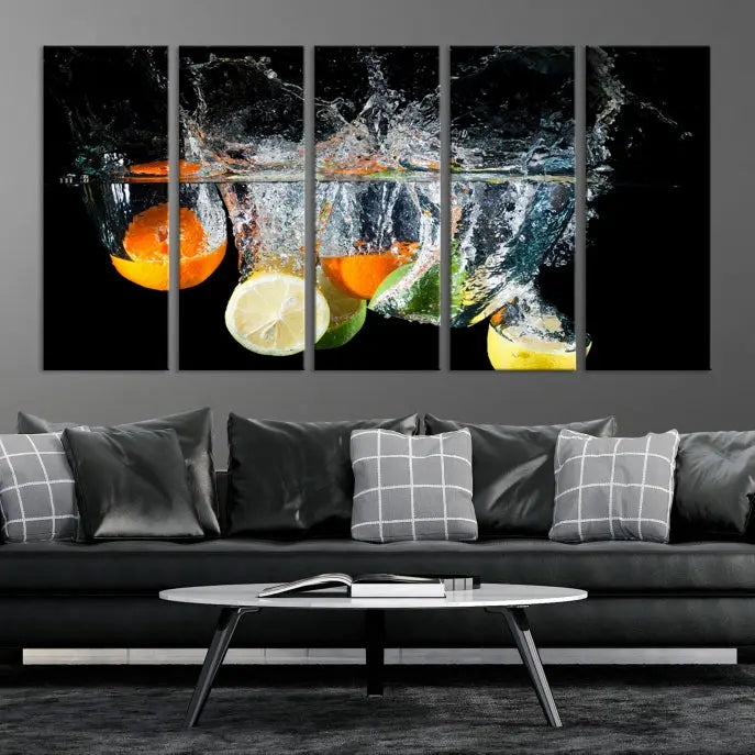 The room features the Kitchen Wall Art Fruits Art Canvas Print on the wall. This three-panel artwork is crafted on museum-quality canvas with vivid colors preserved by a UV-protective coating, ensuring lasting vibrancy.