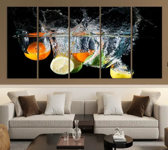 The room features the Kitchen Wall Art Fruits Art Canvas Print on the wall. This three-panel artwork is crafted on museum-quality canvas with vivid colors preserved by a UV-protective coating, ensuring lasting vibrancy.