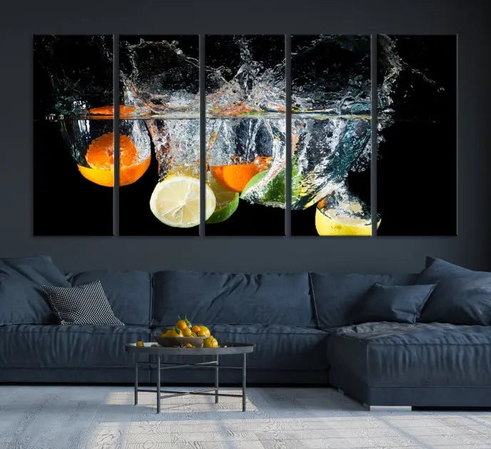 The room features the Kitchen Wall Art Fruits Art Canvas Print on the wall. This three-panel artwork is crafted on museum-quality canvas with vivid colors preserved by a UV-protective coating, ensuring lasting vibrancy.