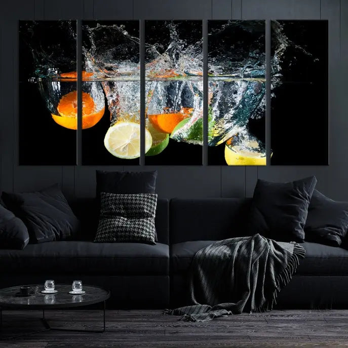 The room features the Kitchen Wall Art Fruits Art Canvas Print on the wall. This three-panel artwork is crafted on museum-quality canvas with vivid colors preserved by a UV-protective coating, ensuring lasting vibrancy.