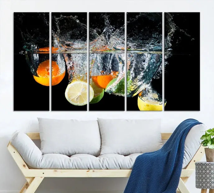 The room features the Kitchen Wall Art Fruits Art Canvas Print on the wall. This three-panel artwork is crafted on museum-quality canvas with vivid colors preserved by a UV-protective coating, ensuring lasting vibrancy.