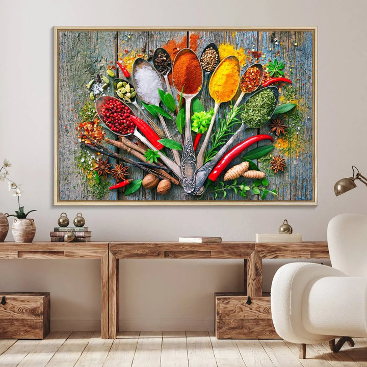 20619-MGV-FC-36X24_Natural-Kitchen Wall Art Print - Spoonful of Spices Cooking Wall Art Canvas Print - Vibrant Kitchen Decor Triptych – Culinary Art Print for Dining