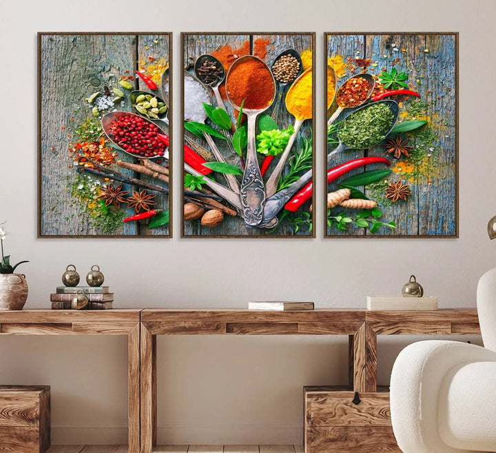 20619-MGV-FC-60X30-3P_Walnut-Kitchen Wall Art Print - Spoonful of Spices Cooking Wall Art Canvas Print - Vibrant Kitchen Decor Triptych – Culinary Art Print for Dining