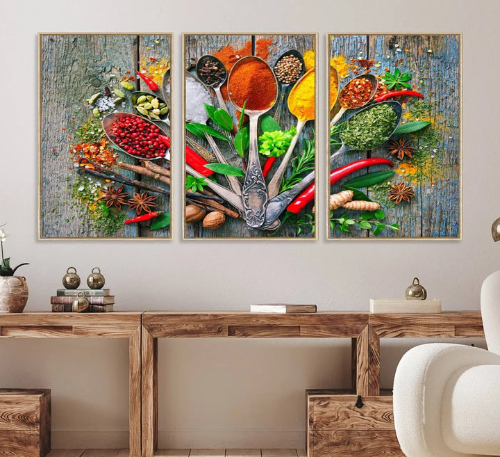 20619-MGV-FC-60X30-3P_Natural-Kitchen Wall Art Print - Spoonful of Spices Cooking Wall Art Canvas Print - Vibrant Kitchen Decor Triptych – Culinary Art Print for Dining