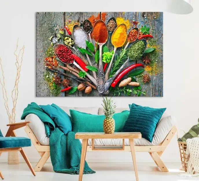 The dining room features the Kitchen Wall Art Print - Spoonful of Spices Cooking Wall Art Canvas Print as culinary art on the wall.