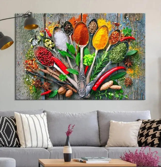 The dining room features the Kitchen Wall Art Print - Spoonful of Spices Cooking Wall Art Canvas Print as culinary art on the wall.