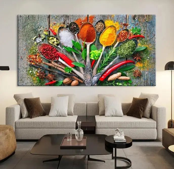 The dining room features the Kitchen Wall Art Print - Spoonful of Spices Cooking Wall Art Canvas Print as culinary art on the wall.