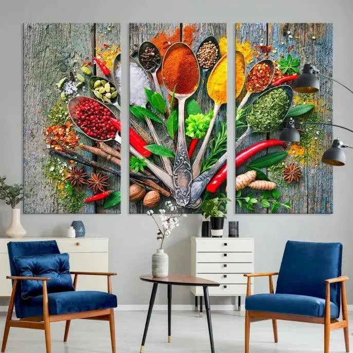 The dining room features the Kitchen Wall Art Print - Spoonful of Spices Cooking Wall Art Canvas Print as culinary art on the wall.