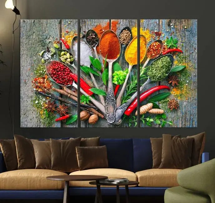 The dining room features the Kitchen Wall Art Print - Spoonful of Spices Cooking Wall Art Canvas Print as culinary art on the wall.