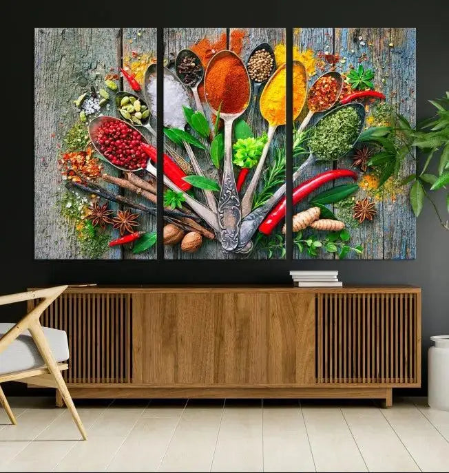 The dining room features the Kitchen Wall Art Print - Spoonful of Spices Cooking Wall Art Canvas Print as culinary art on the wall.