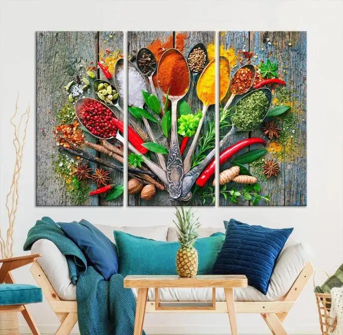 The dining room features the Kitchen Wall Art Print - Spoonful of Spices Cooking Wall Art Canvas Print as culinary art on the wall.