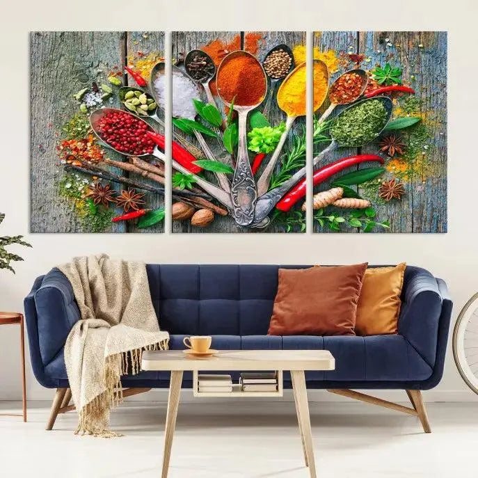 The dining room features the Kitchen Wall Art Print - Spoonful of Spices Cooking Wall Art Canvas Print as culinary art on the wall.