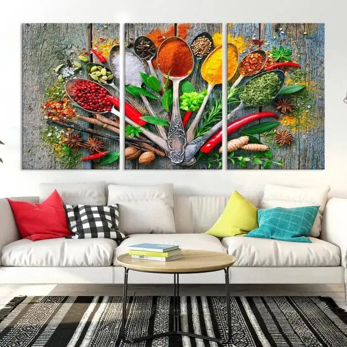 The dining room features the Kitchen Wall Art Print - Spoonful of Spices Cooking Wall Art Canvas Print as culinary art on the wall.