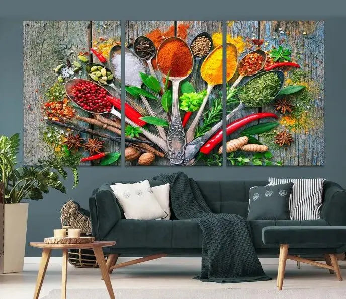 The dining room features the Kitchen Wall Art Print - Spoonful of Spices Cooking Wall Art Canvas Print as culinary art on the wall.