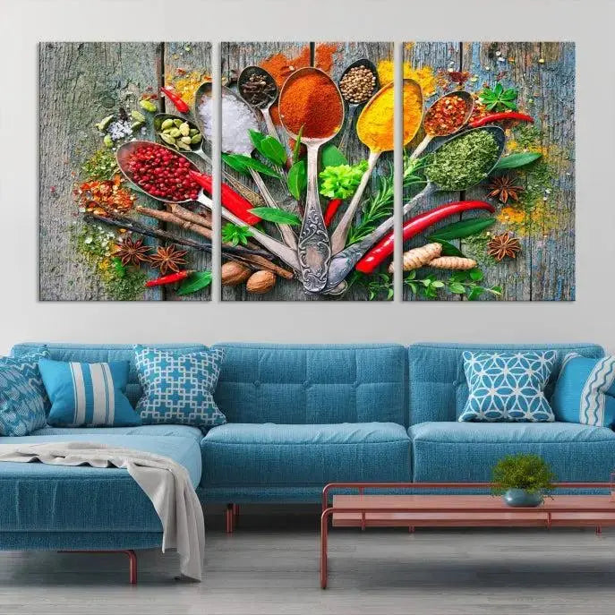 The dining room features the Kitchen Wall Art Print - Spoonful of Spices Cooking Wall Art Canvas Print as culinary art on the wall.