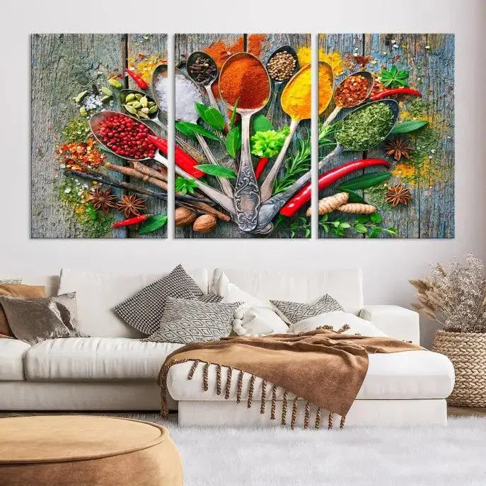 The dining room features the Kitchen Wall Art Print - Spoonful of Spices Cooking Wall Art Canvas Print as culinary art on the wall.