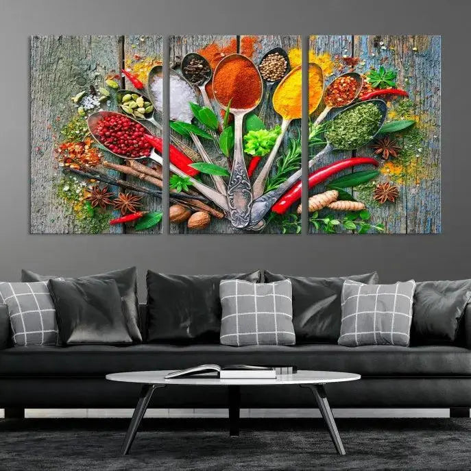 The dining room features the Kitchen Wall Art Print - Spoonful of Spices Cooking Wall Art Canvas Print as culinary art on the wall.