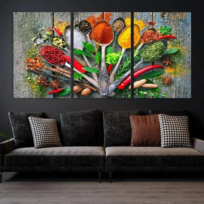 The dining room features the Kitchen Wall Art Print - Spoonful of Spices Cooking Wall Art Canvas Print as culinary art on the wall.