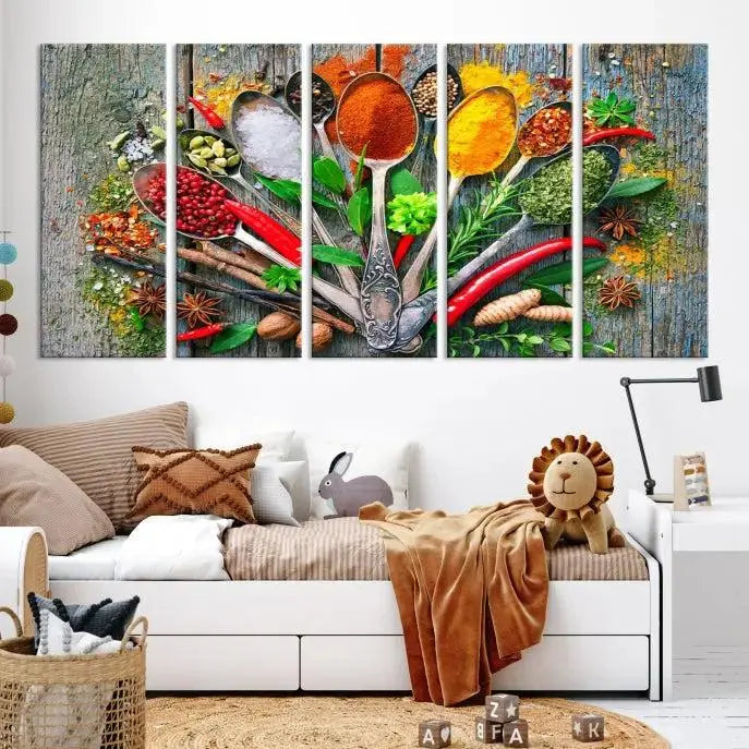 The dining room features the Kitchen Wall Art Print - Spoonful of Spices Cooking Wall Art Canvas Print as culinary art on the wall.