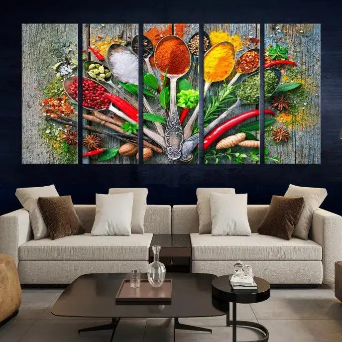 The dining room features the Kitchen Wall Art Print - Spoonful of Spices Cooking Wall Art Canvas Print as culinary art on the wall.