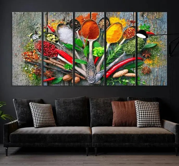 The dining room features the Kitchen Wall Art Print - Spoonful of Spices Cooking Wall Art Canvas Print as culinary art on the wall.