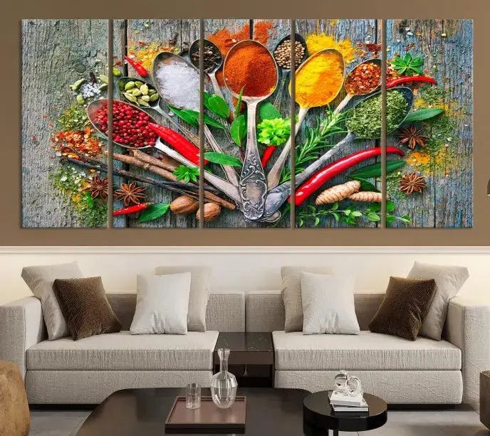 The dining room features the Kitchen Wall Art Print - Spoonful of Spices Cooking Wall Art Canvas Print as culinary art on the wall.