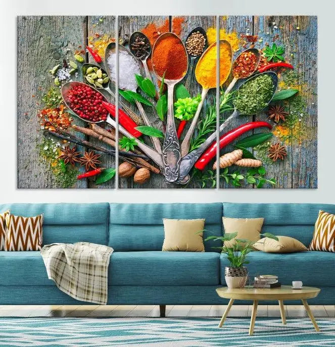 The dining room features the Kitchen Wall Art Print - Spoonful of Spices Cooking Wall Art Canvas Print as culinary art on the wall.