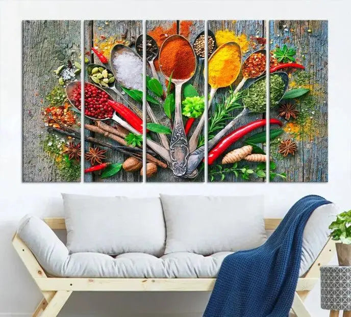 The dining room features the Kitchen Wall Art Print - Spoonful of Spices Cooking Wall Art Canvas Print as culinary art on the wall.